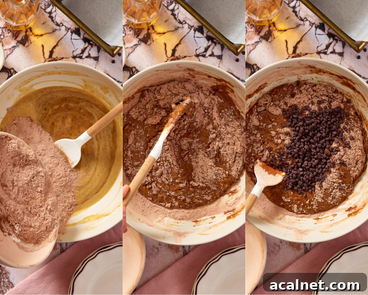 Three images showing whisking all the dry ingredients into the wet ingredients.