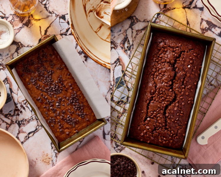 Side-by-side image of pouring the batter into a prepared loaf pan then topping with extra chocolate chips and baking the bread.