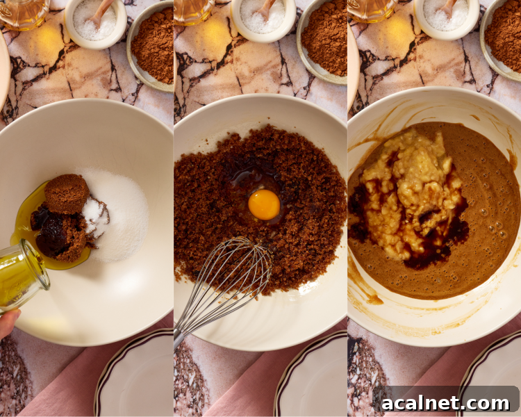 Three images showing mixing the wet ingredients together before adding the dry.