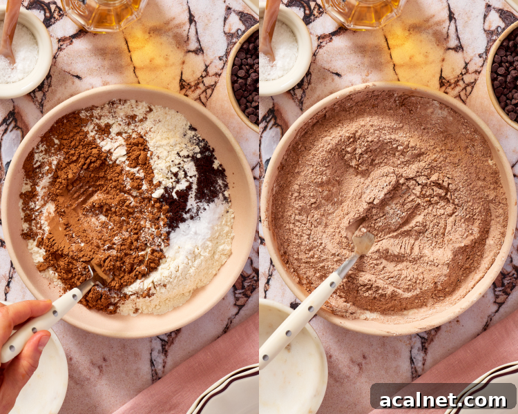 Side-by-side image of whisking the dry ingredients together in a separate bowl.