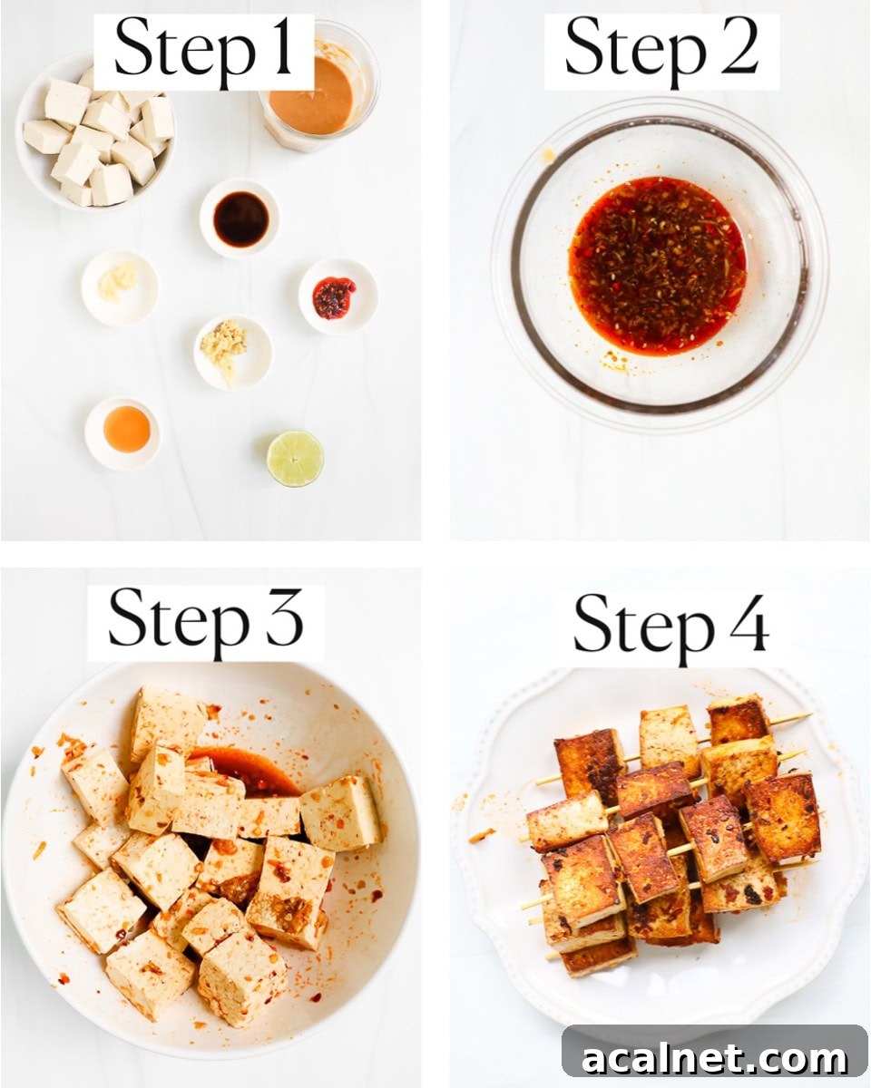 Four steps to make peanut tofu skewers.