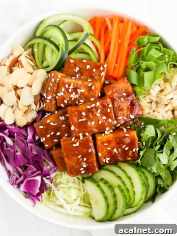 A white bowl filled with vegetables including: carrots, cucumbers, green onions, cilantro, green cabbage, red cabbage. It also has brown rice, almonds, and tofu with a brown sauce.