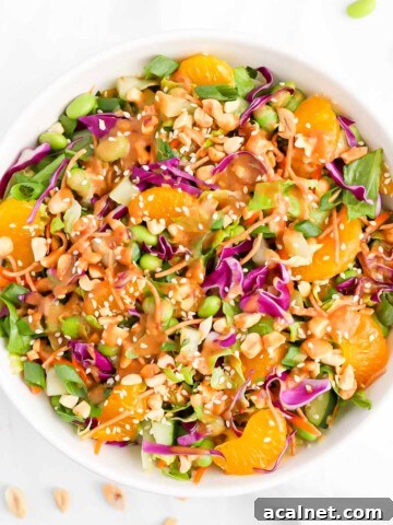 Peanut mandarin orange salad with fresh lettuce, cabbage, carrots, edamame, oranges, and sesame seeds.