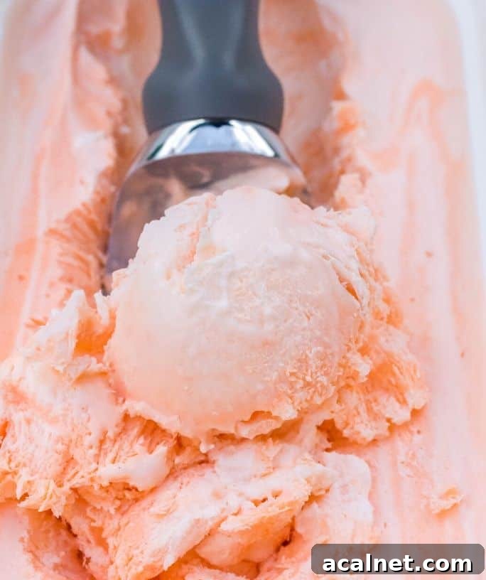 freezer container of orange soda ice cream with a scoop removing a serving