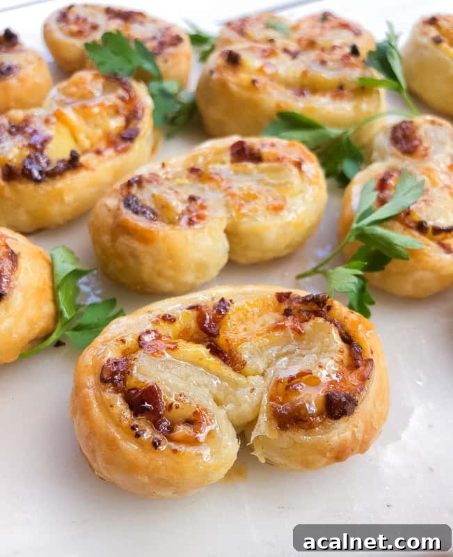 Puff pastry palmiers stuffed with bacon and cheese.