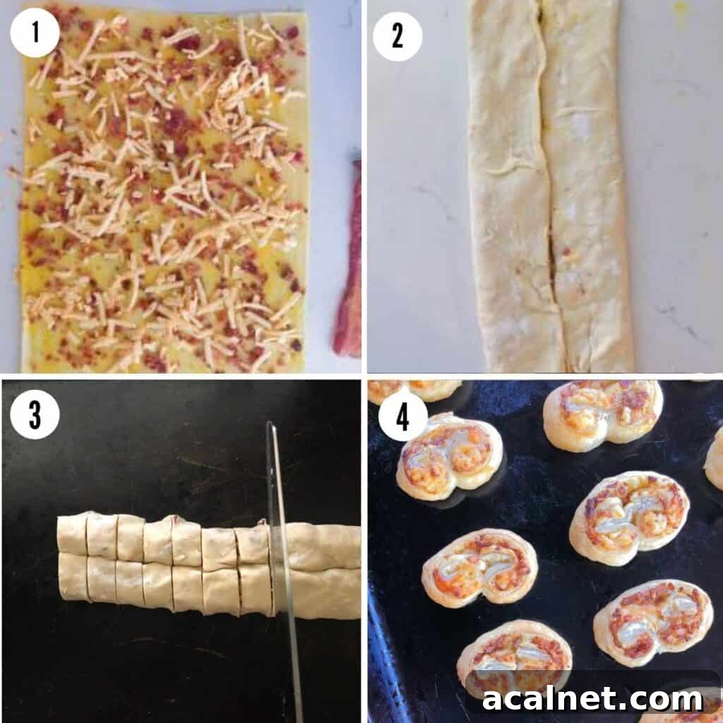 Steps for how to make, fold and cut savory palmiers.