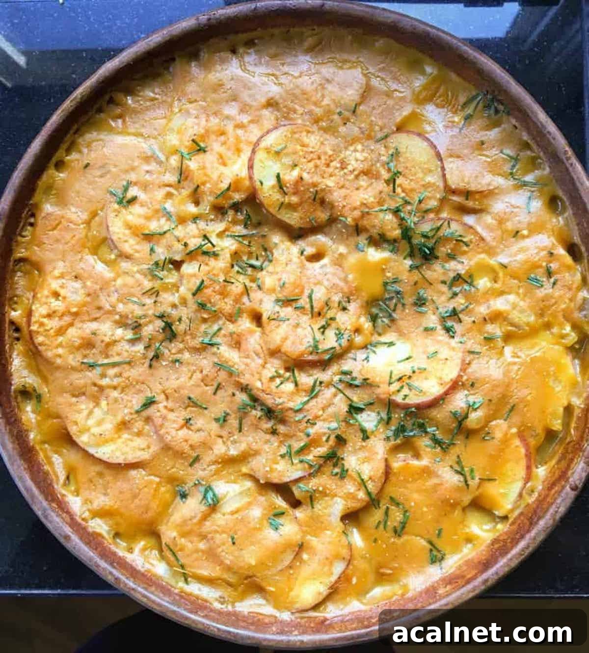 The recipe in a baking dish on the counter