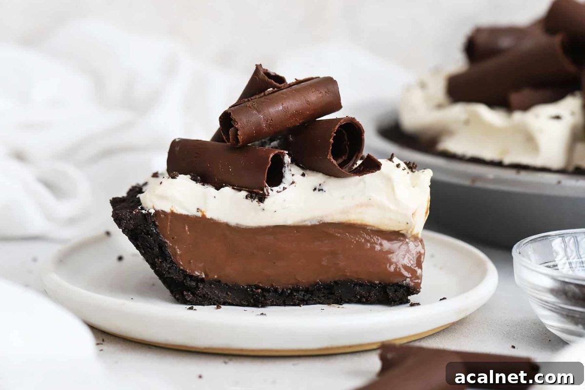 Decadent Gluten-Free Chocolate Pie Recipe for Chocolate Lovers 8 a slice of gluten-free chocolate cream pie topped with whipped cream and chocolate curls