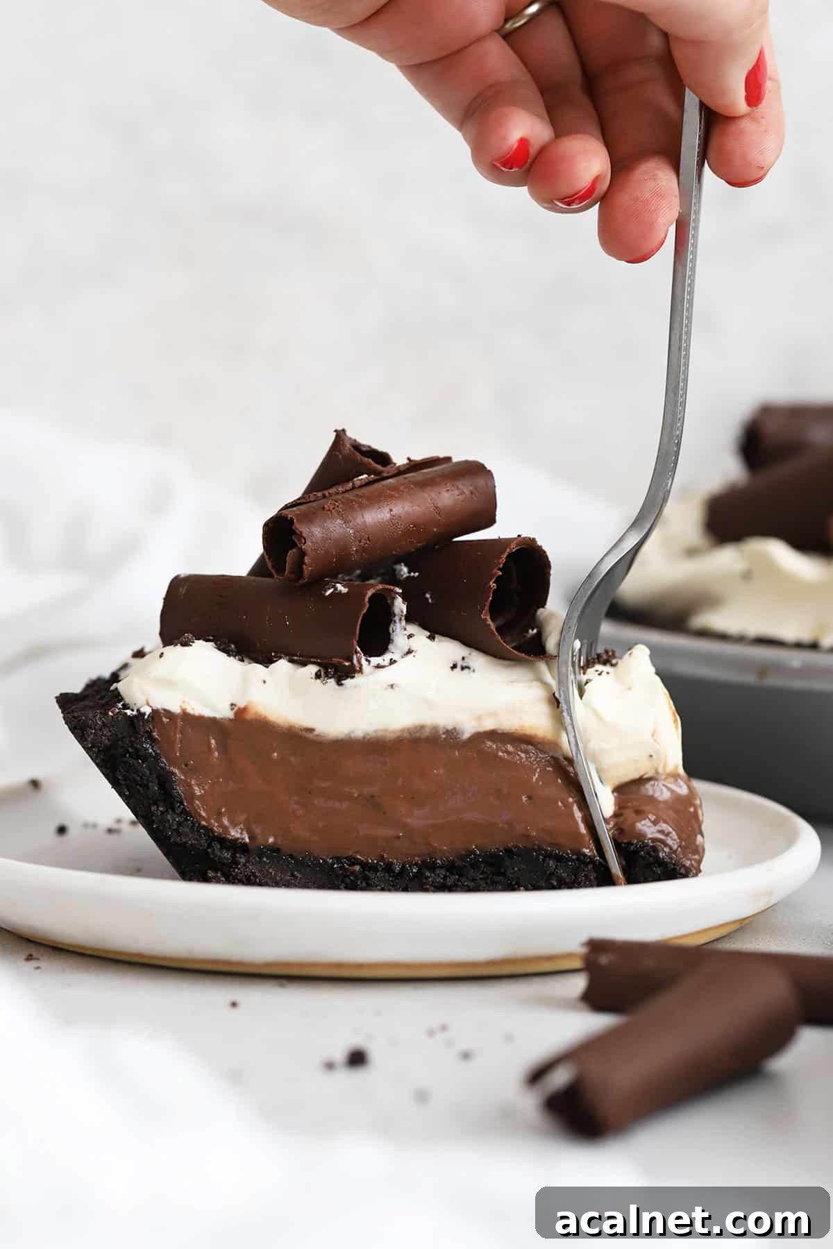 Decadent Gluten-Free Chocolate Pie Recipe for Chocolate Lovers 7 A fork scooping a bite of gluten-free chocolate cream pie