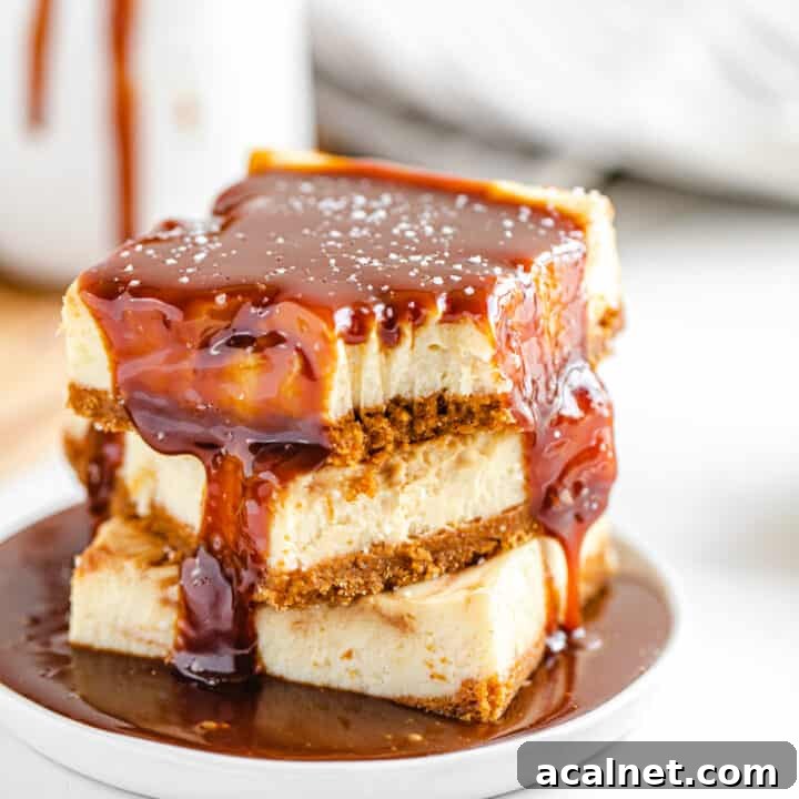 stack of cheesecake bars on a small white plate with caramel sauce poured on top of the stack