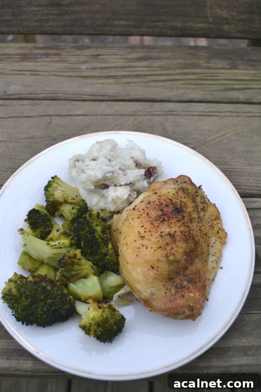 Roast chicken on white plate with broccoli and mashed potatoes