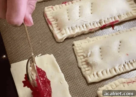 45-Minute Homemade Gluten-Free Pop-Tarts Recipe 5 gluten free pop tarts being made with spoon of raspberry filling going into the pastry dough
