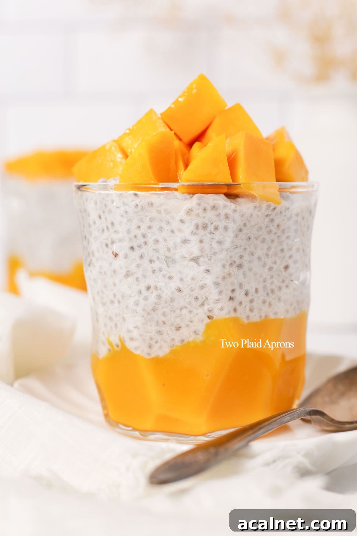 Mango chia seed pudding in a cup.