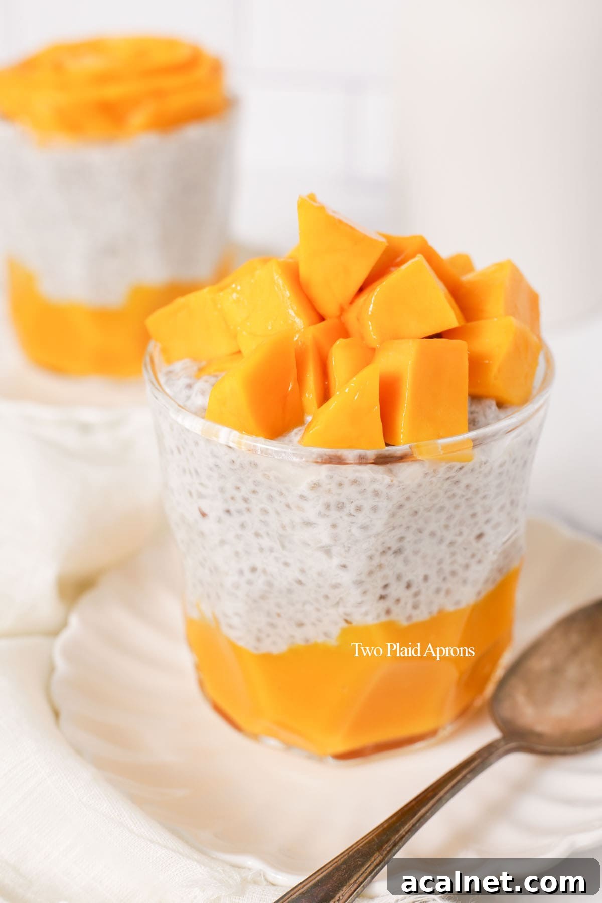 Mango chia pudding topped with mango.