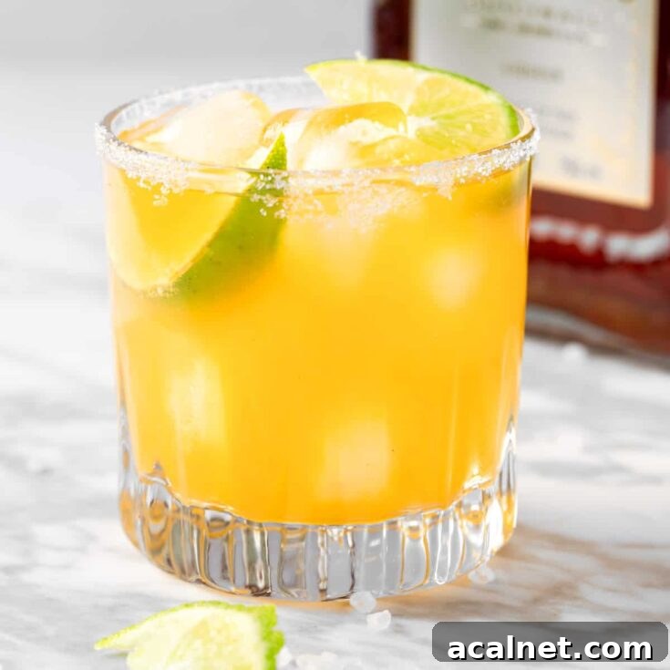 An Olive Garden Italian Margarita garnished with lime, with an amaretto bottle in the background.