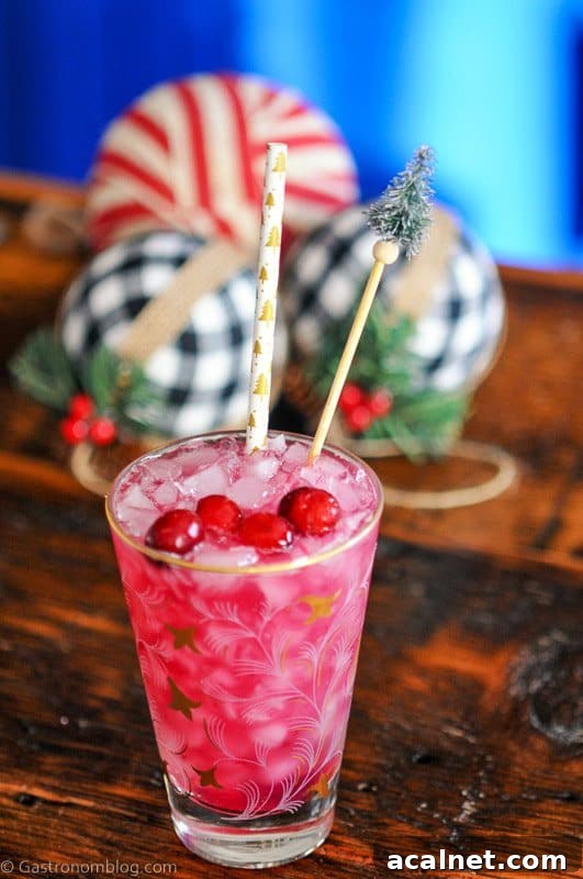 A pineapple cranberry mezcal cocktail garnished with fresh cranberries.