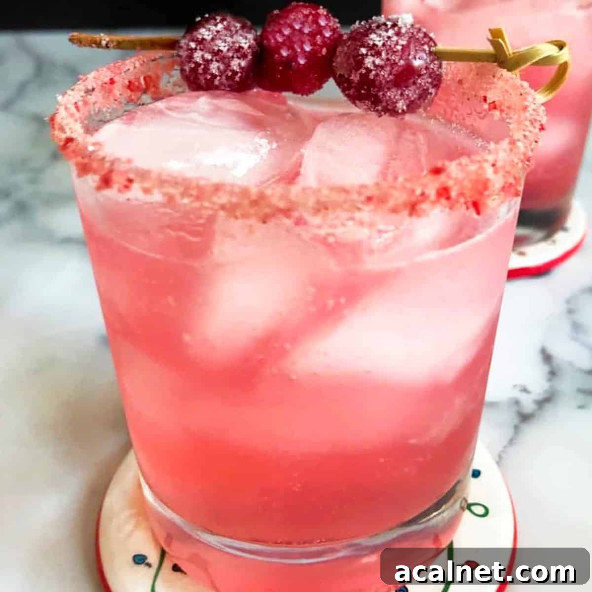 A cranberry orange margarita garnished with frozen cranberries.