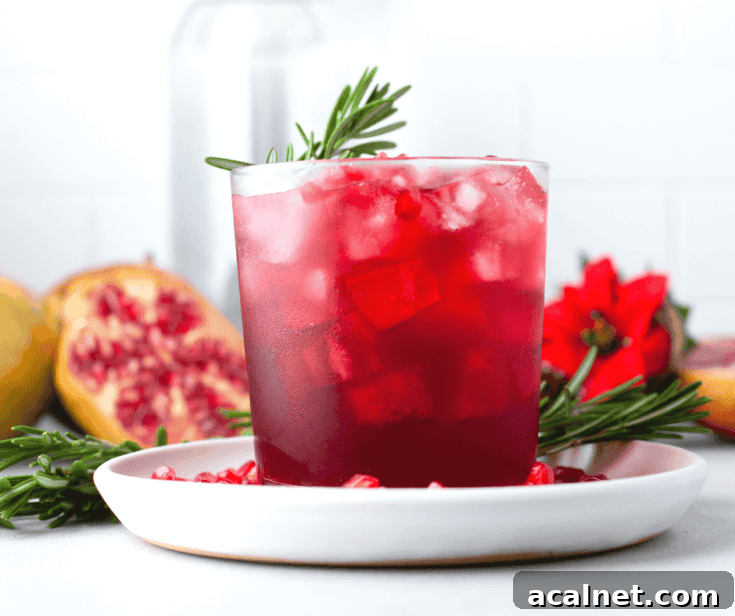 A pomegranate and hibiscus margarita garnished with rosemary.