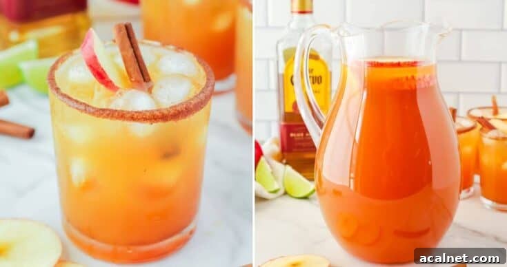 A glass of apple cider margarita next to a pitcher of apple cider margaritas.