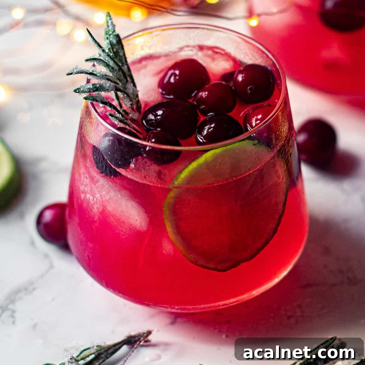 A mistletoe margarita garnished with fresh cranberries and lime.