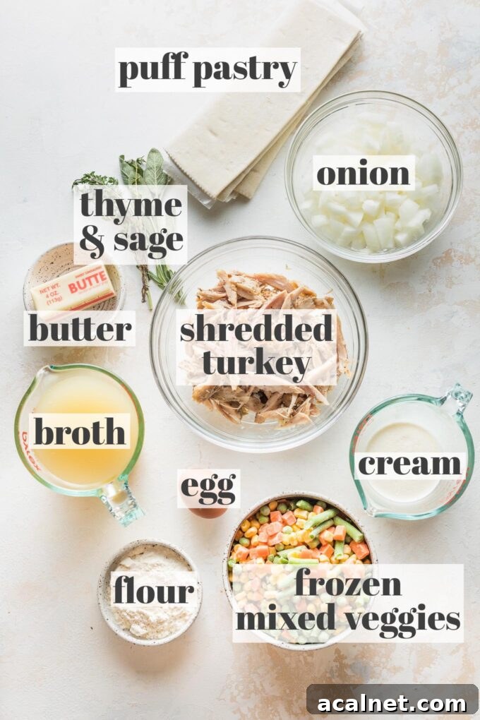 Labeled photo showing puff pastry, shredded turkey meat, a chopped onion, fresh thyme and sage, butter, chicken broth, flour, an egg, cream, and frozen mixed veggies all in prep bowls.