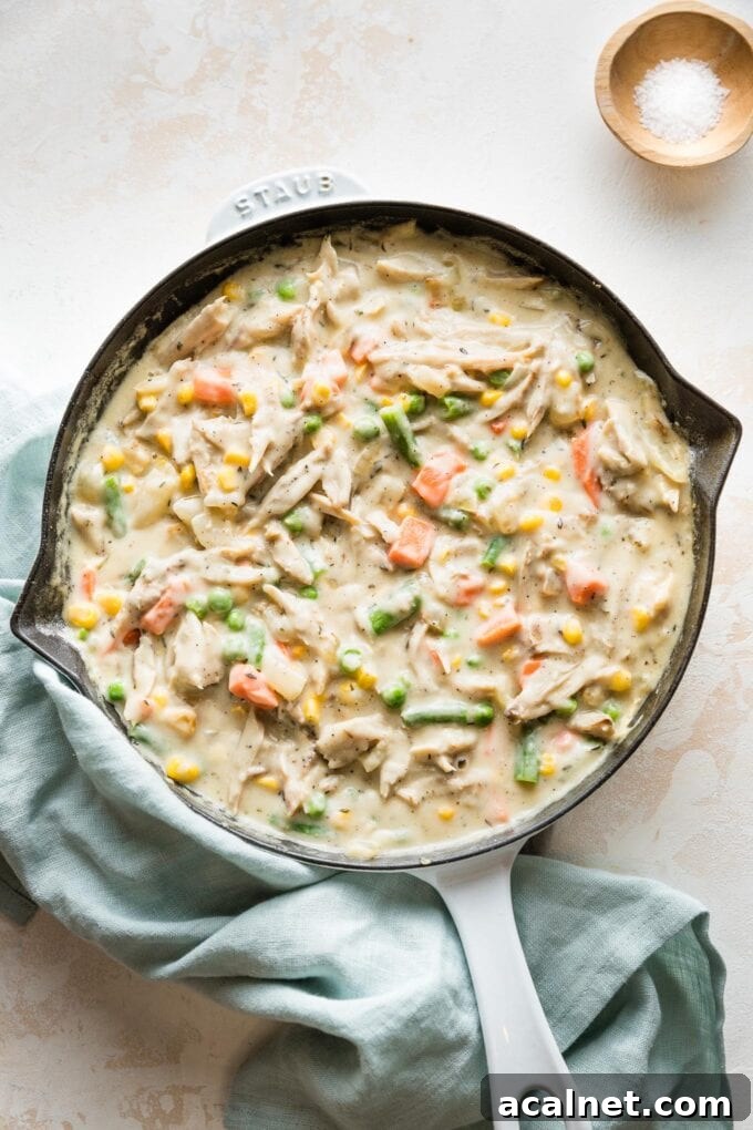 Enameled cast iron skillet holding the filling for a turkey pot pie with mixed vegetables.