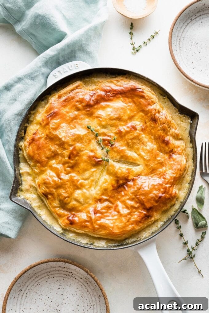 Turkey pot pie with a puff pastry top, just out of the oven and ready to serve.