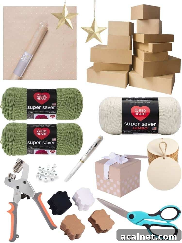 Collage of products used to wrap gifts with Kraft paper and yarn