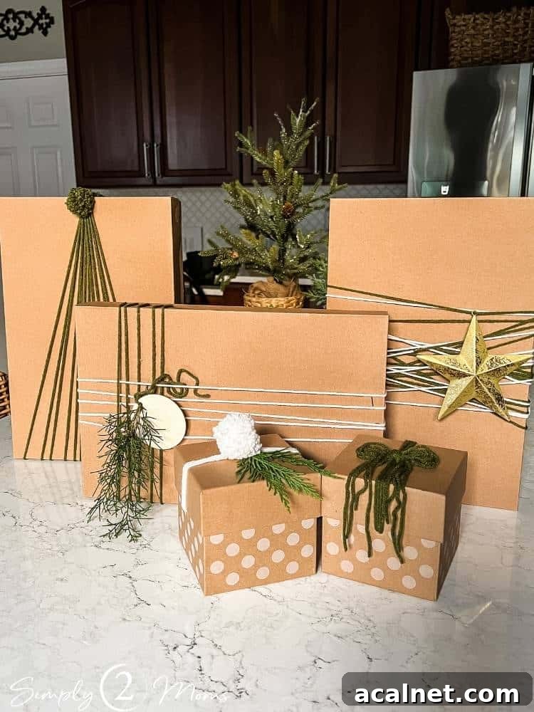 Five Kraft paper boxes decorated with green and white yarn in different styles