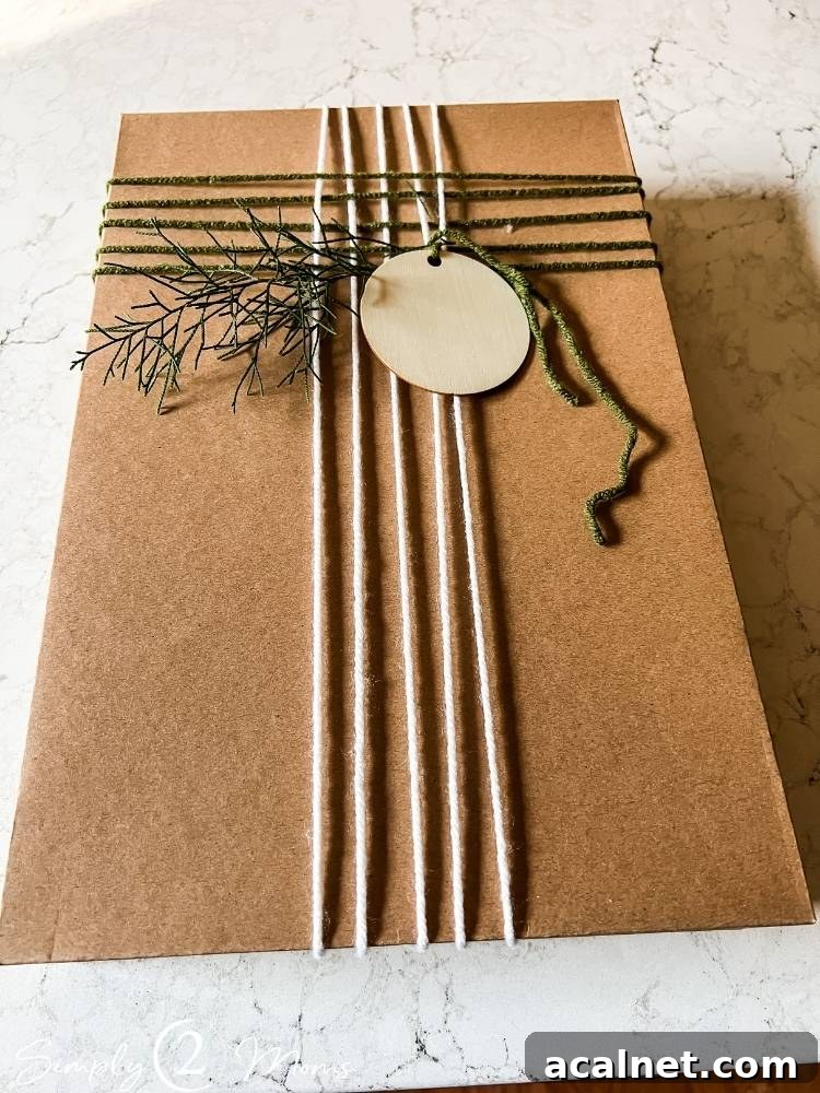 Kraft shirt box with woven yarn pattern and gift tag