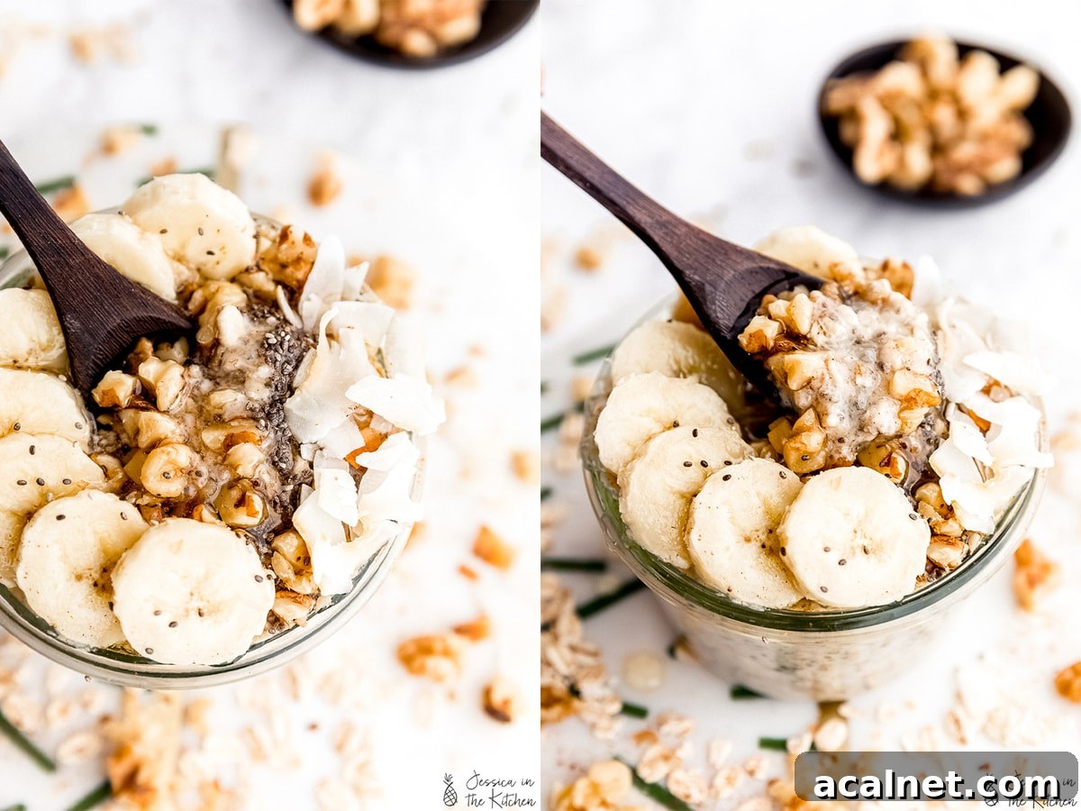 Side by side photos of close up of overnight oats and a shot of pulling the oats out.