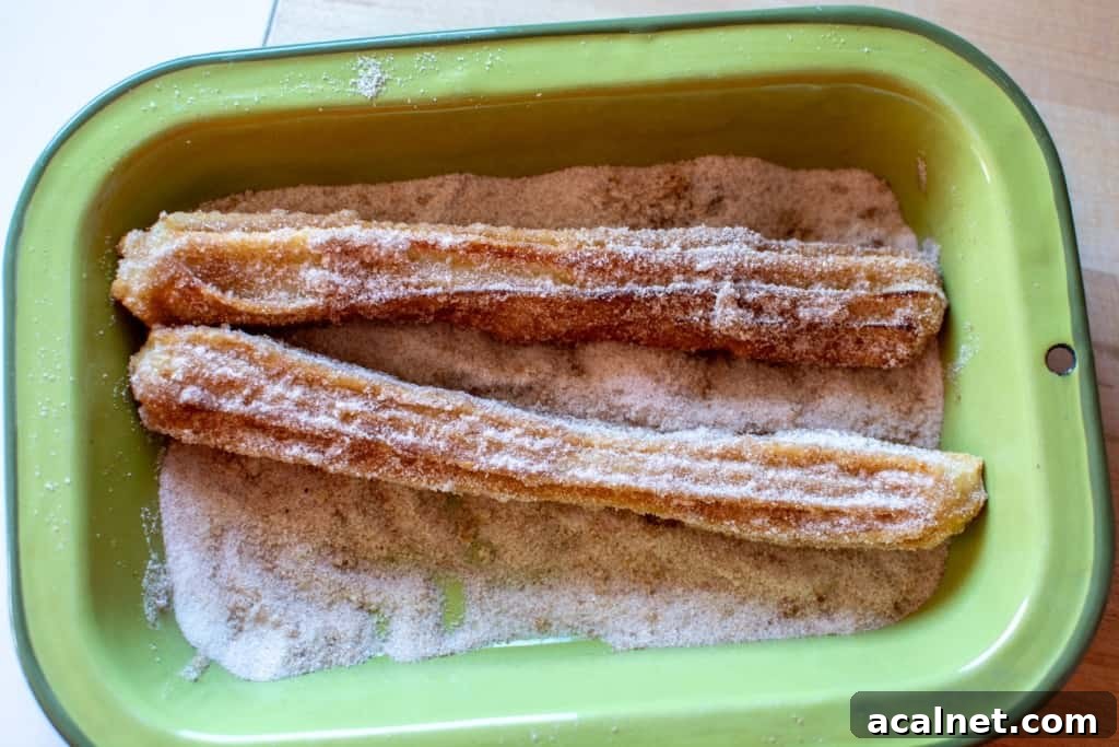 Two churros in a green dish covered with cinnamon and sugar
