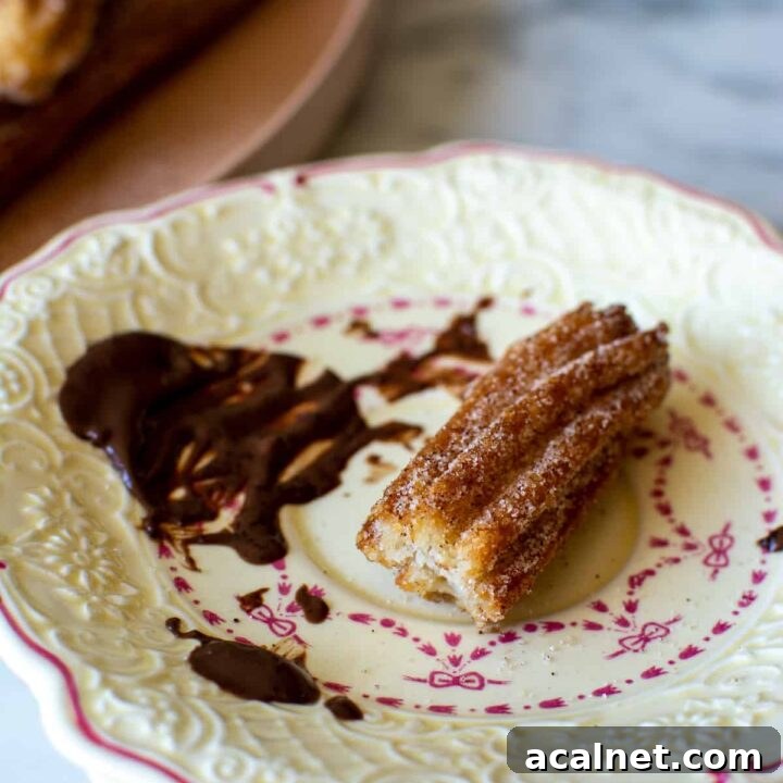 A churro with a bite taken out of it sitting on a plate with a bit of chocolate sauce on it.