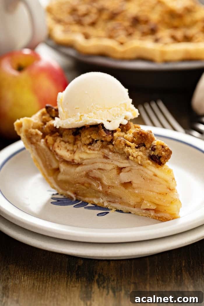 Homemade Apple Crumb Pie with Cinnamon Streusel 10 Apple crumb pie plated with vanilla ice cream