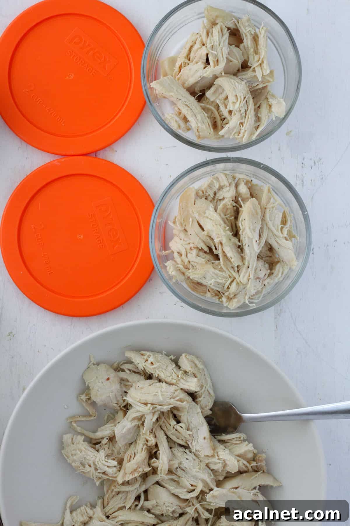 Dutch oven pulled chicken portioned into a containers for meal prep.