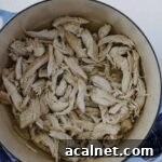 A Dutch oven with pulled chicken.
