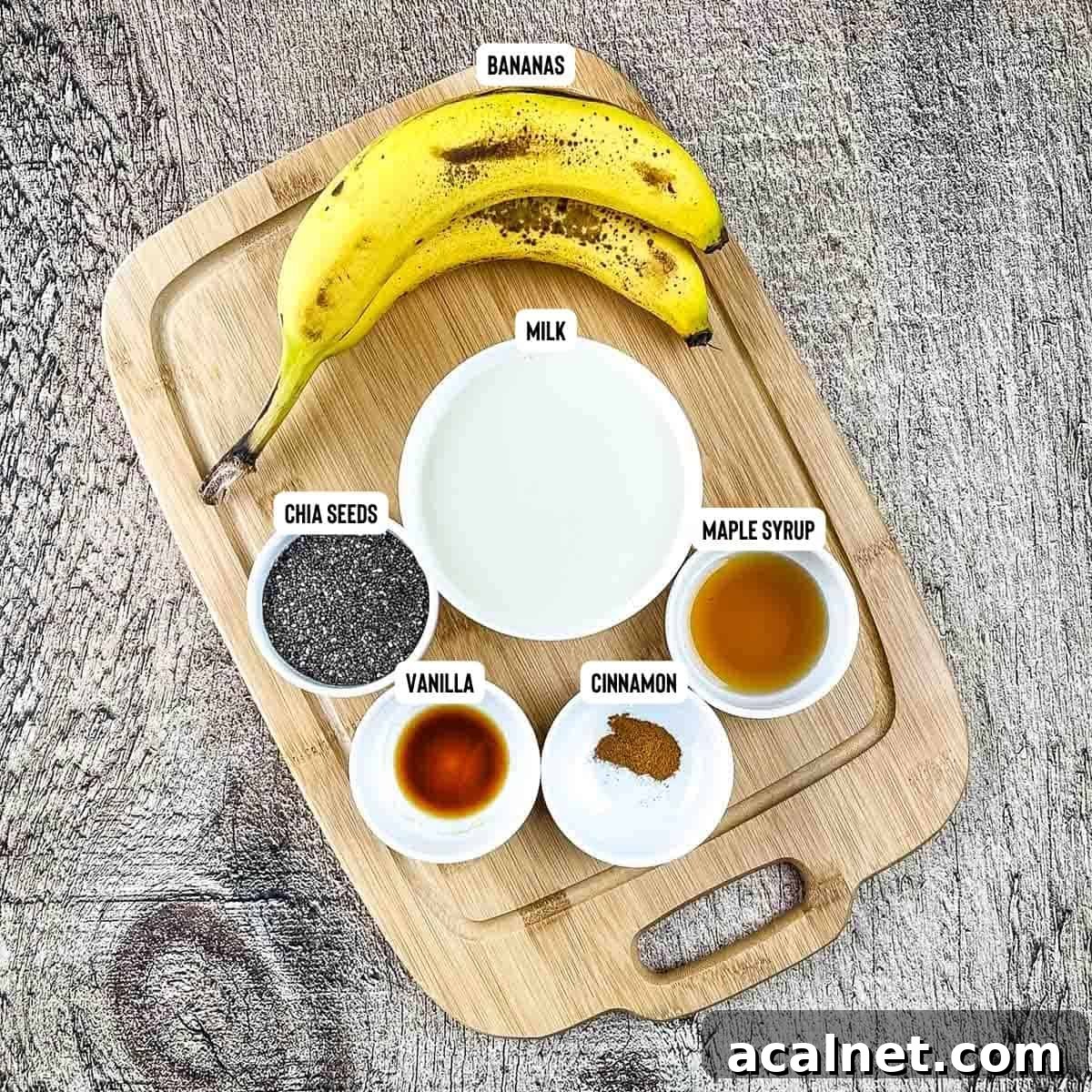 Creamy Banana Chia Seed Pudding Recipe 3 Ingredients for banana chia pudding on a wooden cutting board.