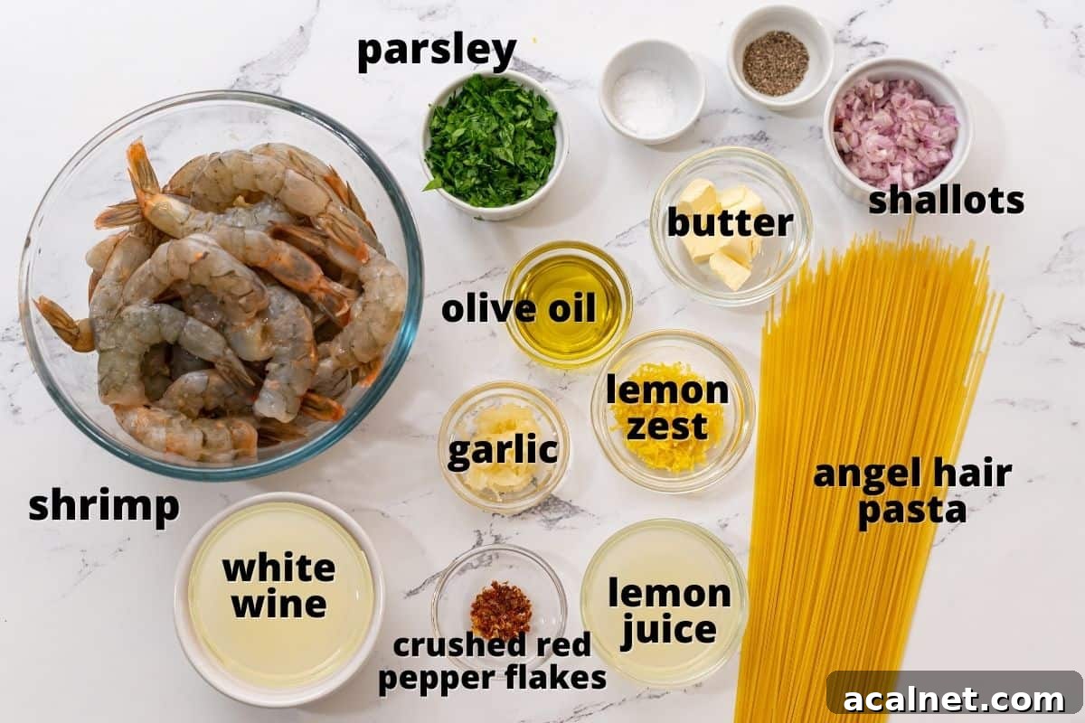 Ingredients for Shrimp Scampi on counter labeled with black text.