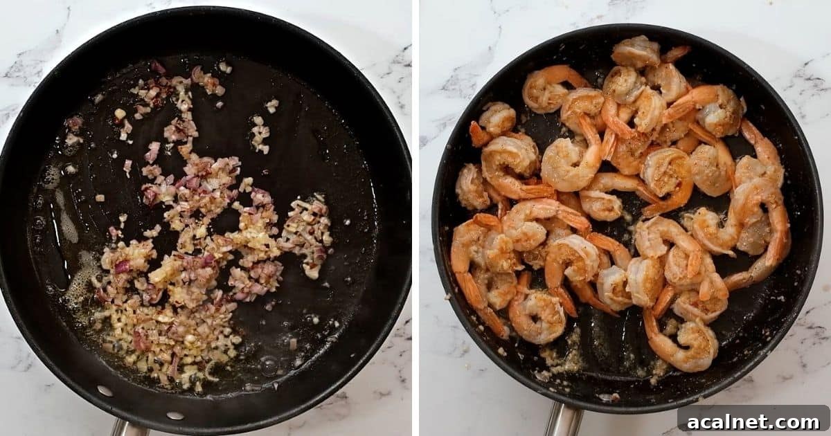 Side by side photo of saute pan with shallots and then shrimp.
