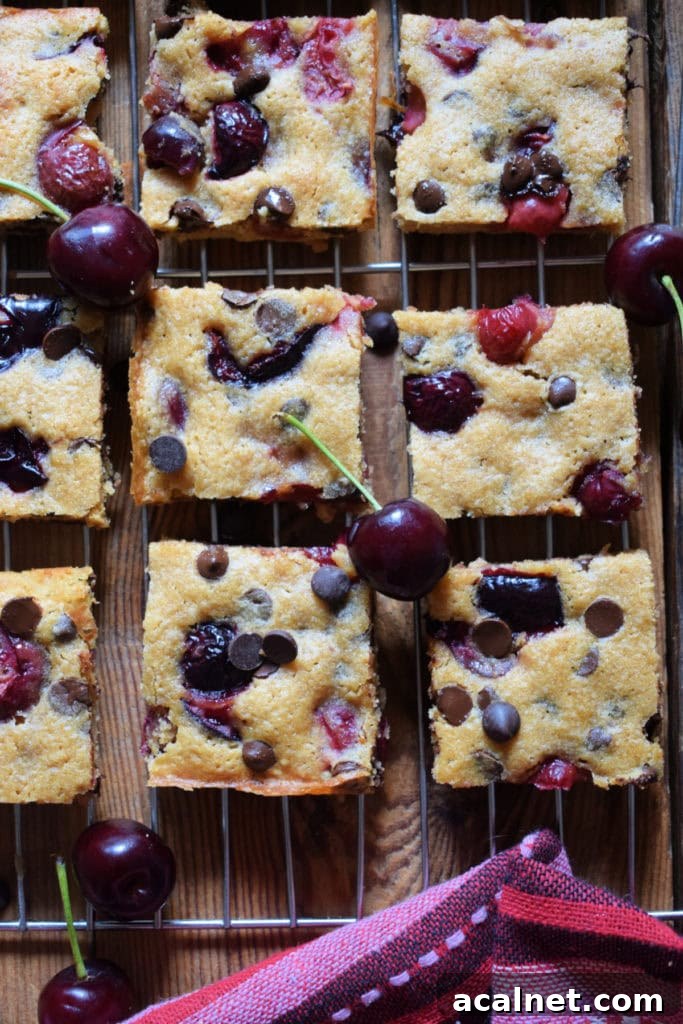 cherry chocolate chip blondies on a cooling rack