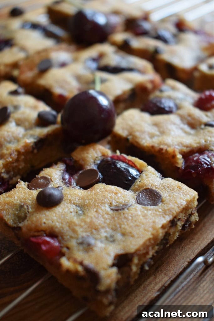 cherry chocolate chip blondies on a cooling rack