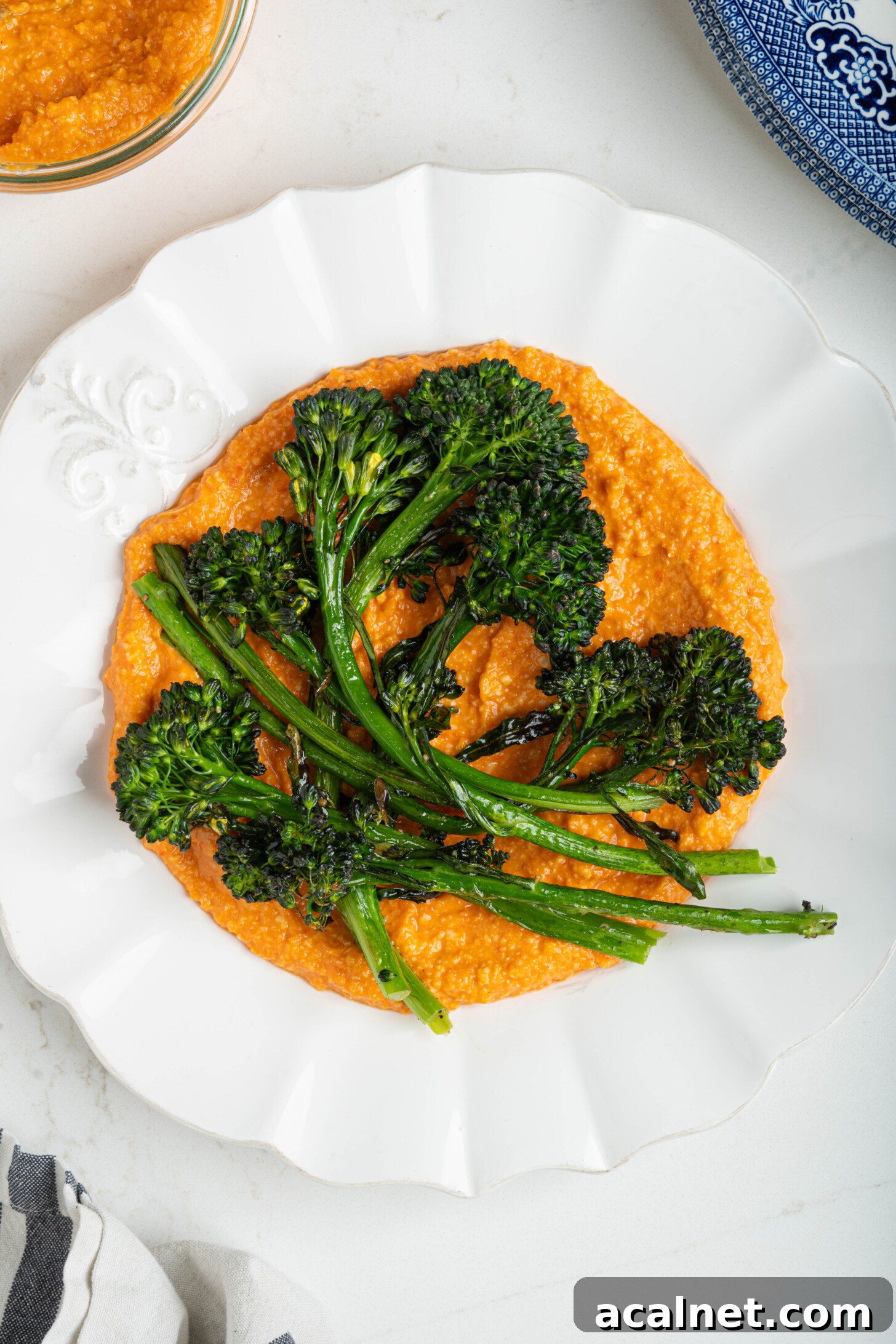 a plate of broccolini with romesco sauce