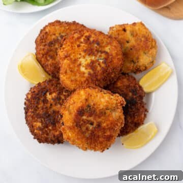 A top view of chicken patties on a white dish with lemon wedges.