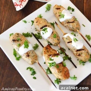 An overhead view of a white plate with chicken kofta garnished with parsley and yogurt sauce.
