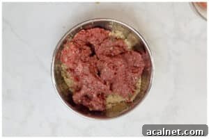 A large bowl with meatballs ingredients mixed.
