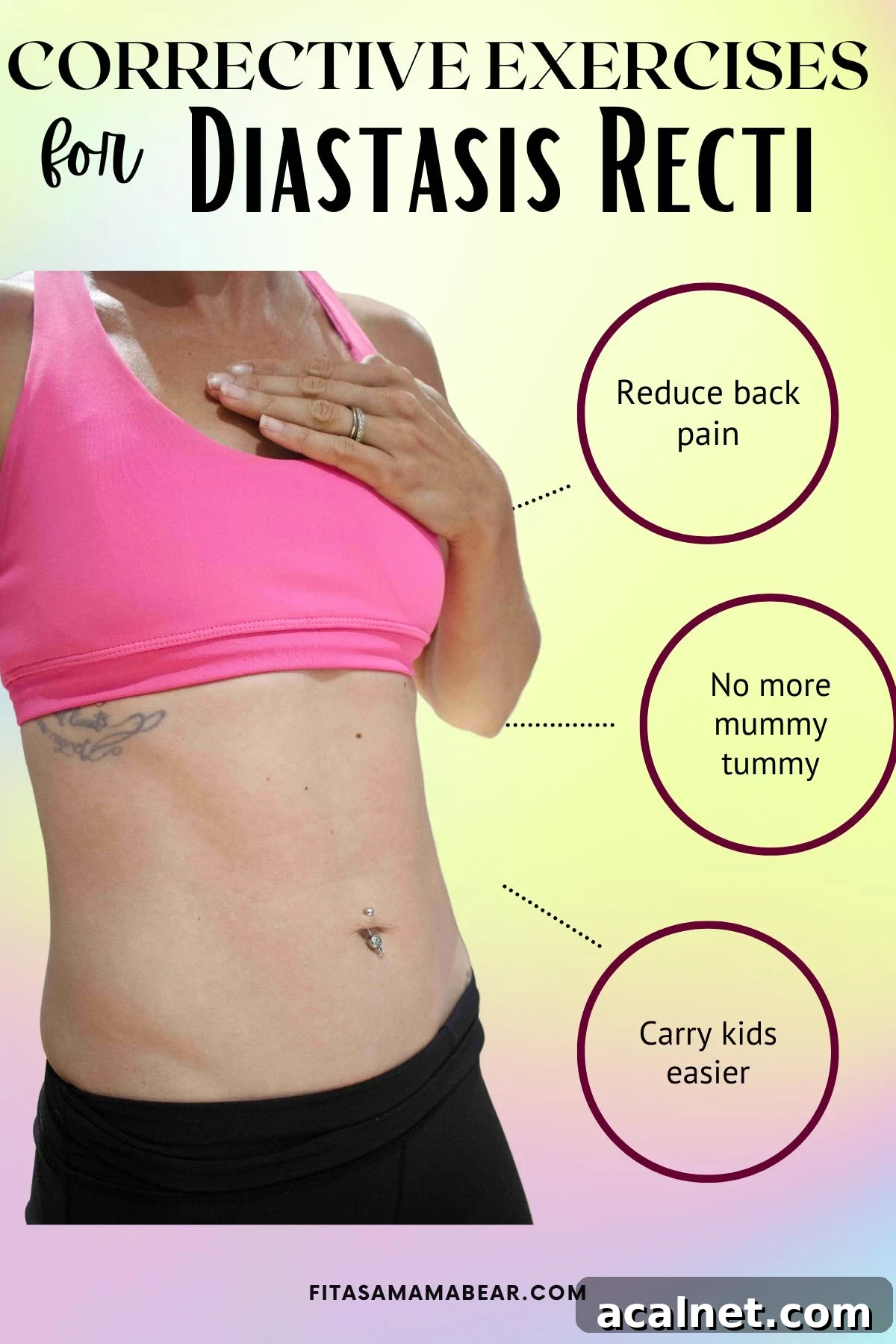 Close up image of a womans' tummy in a pink sports bra with text about diastasis recti exercises.