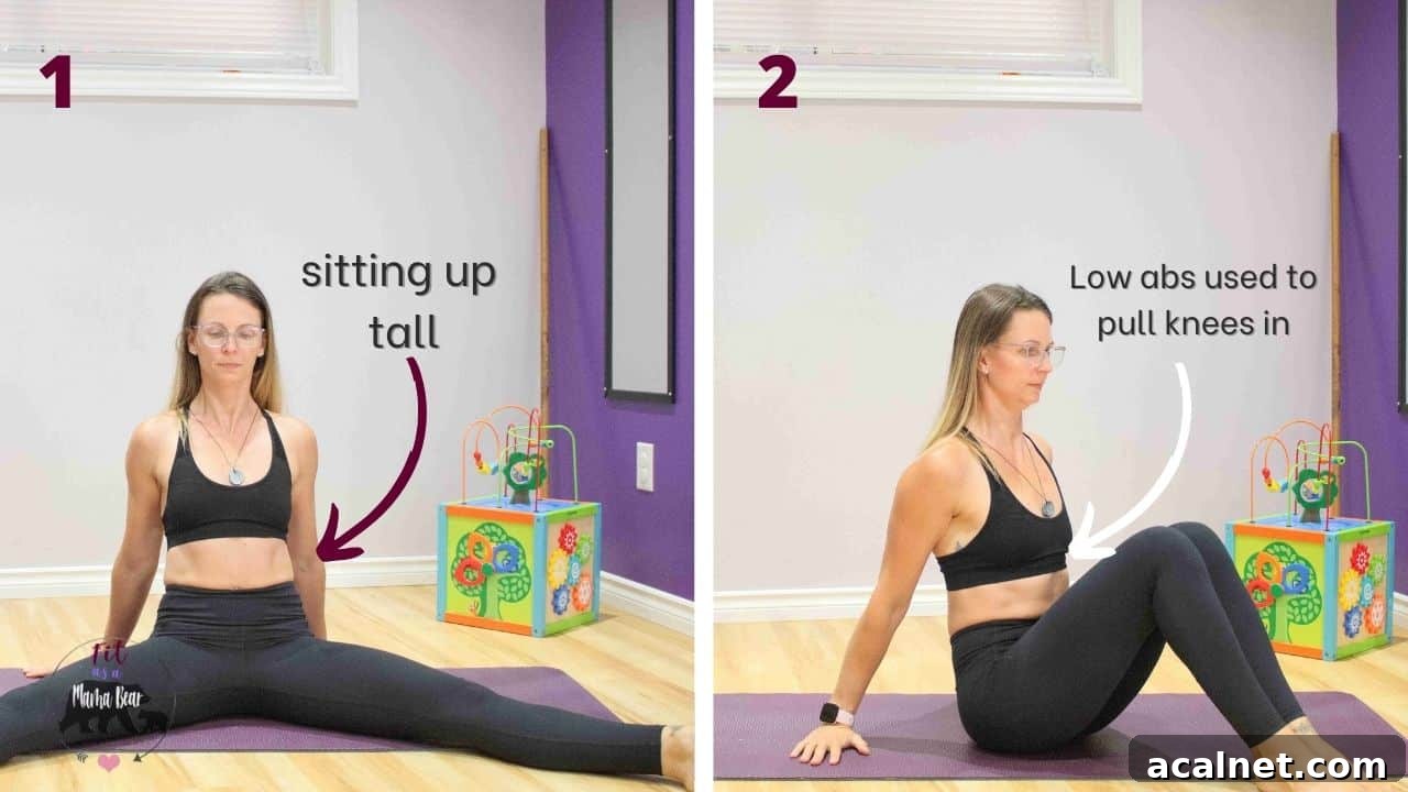 Two images of a Woman in black sports bra and pants sitting on the floor one with legs out and the other with legs tucked to chest