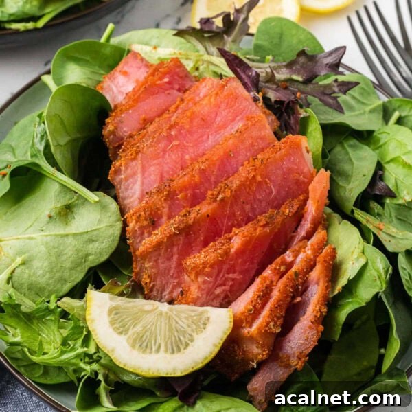Crispy seared ahi tuna salad with mixed greens and lemon wedge