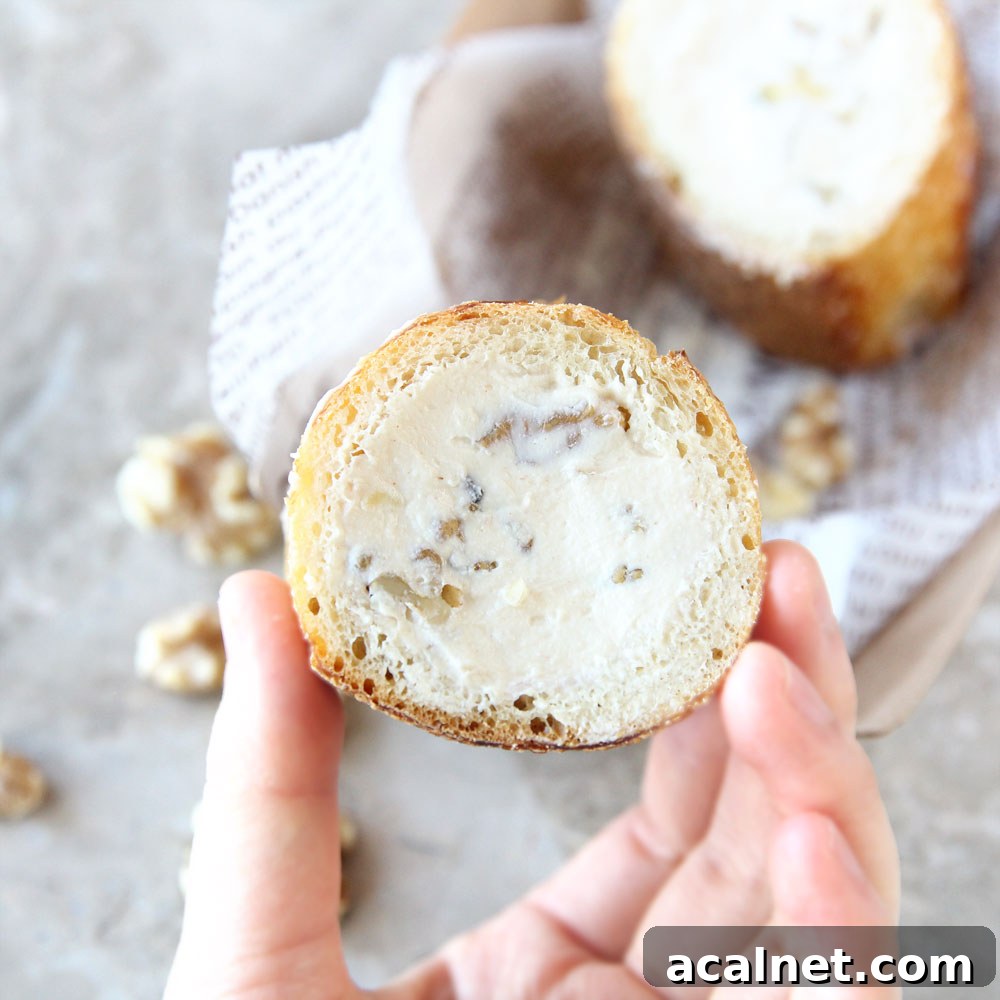 Walnut & Vegan Cream Cheese Stuffed Baguette close-up