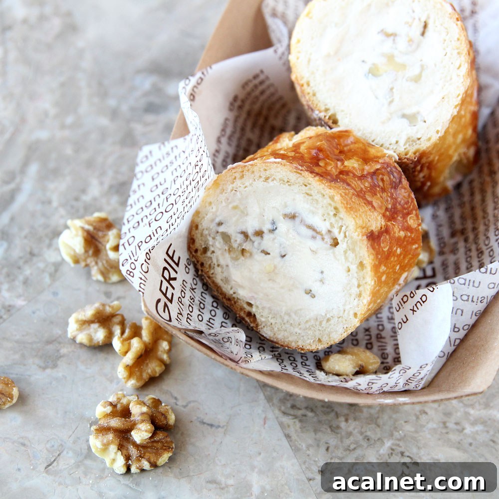 Slices of maple walnut cream cheese stuffed baguette